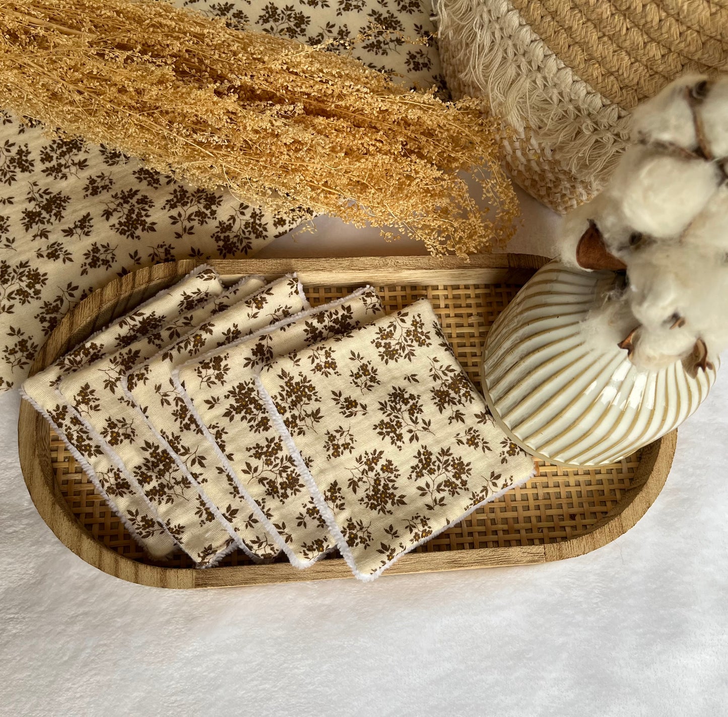Lot de 5 Cotons lavables Petites fleurs marron