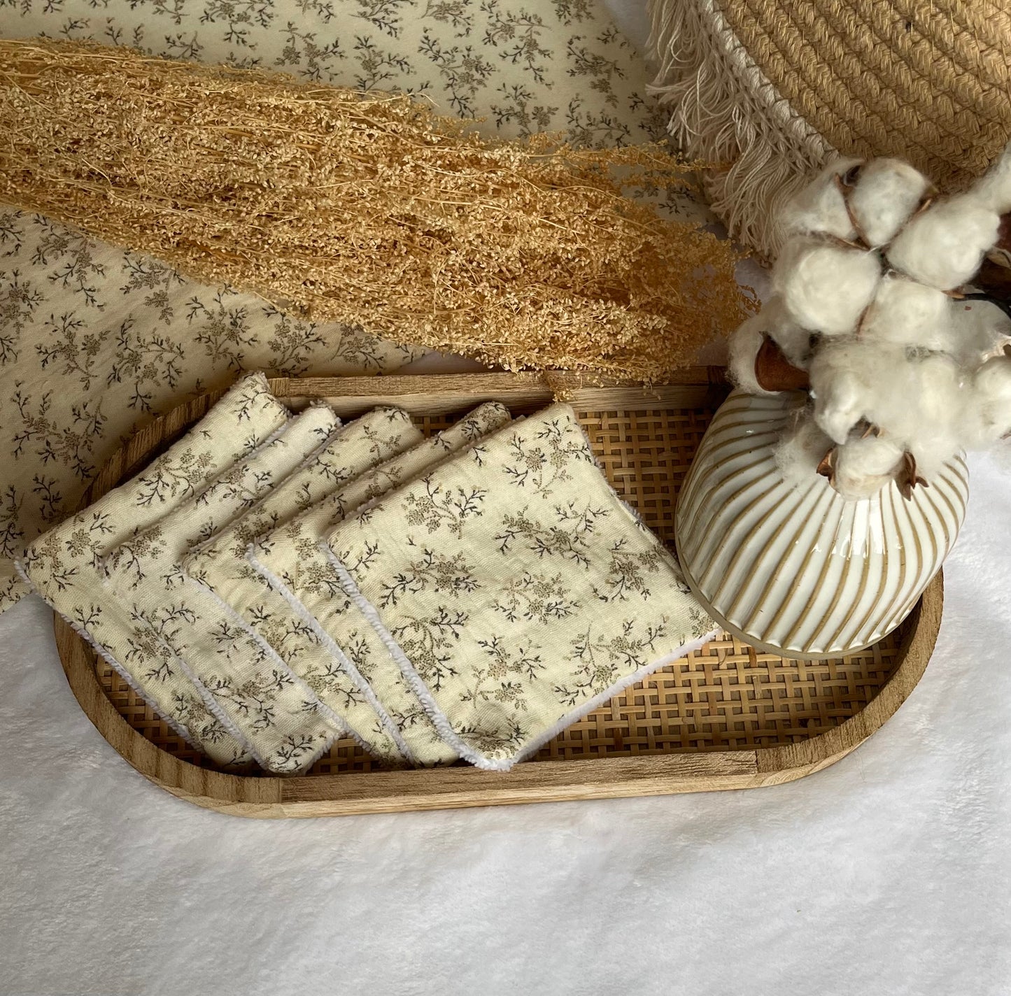 Lot de 5 Cotons lavables Fleuri écru