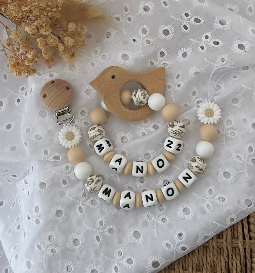 Pack attache tétine et anneau de dentition modèle Manon