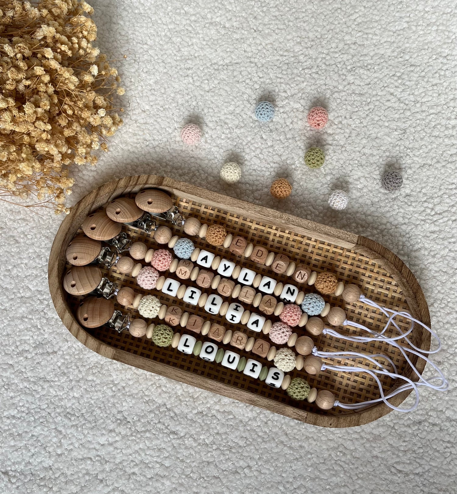 Attaches tétines bois et crochet