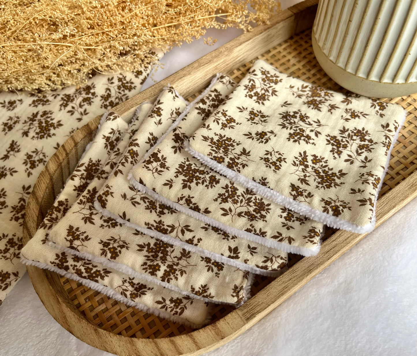 Lot de 5 Cotons lavables Petites fleurs marron