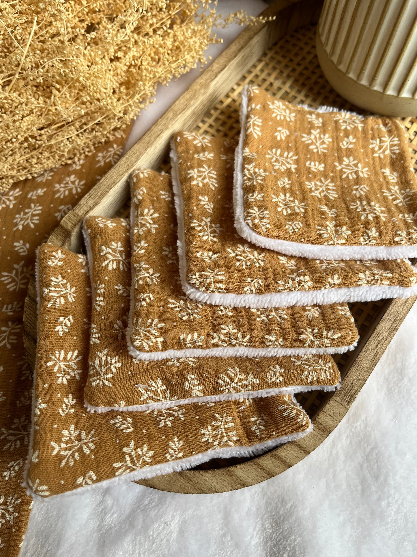 Lot de 5 Cotons lavables Feuillage Camel