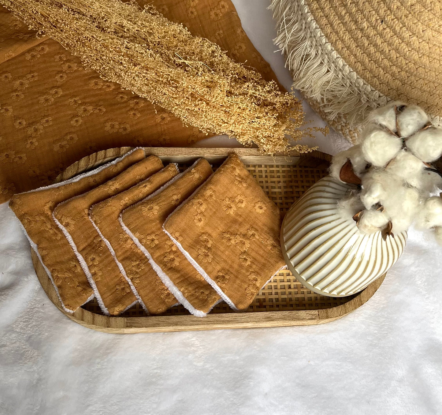 Lot de 5 Cotons lavables Broderie Camel