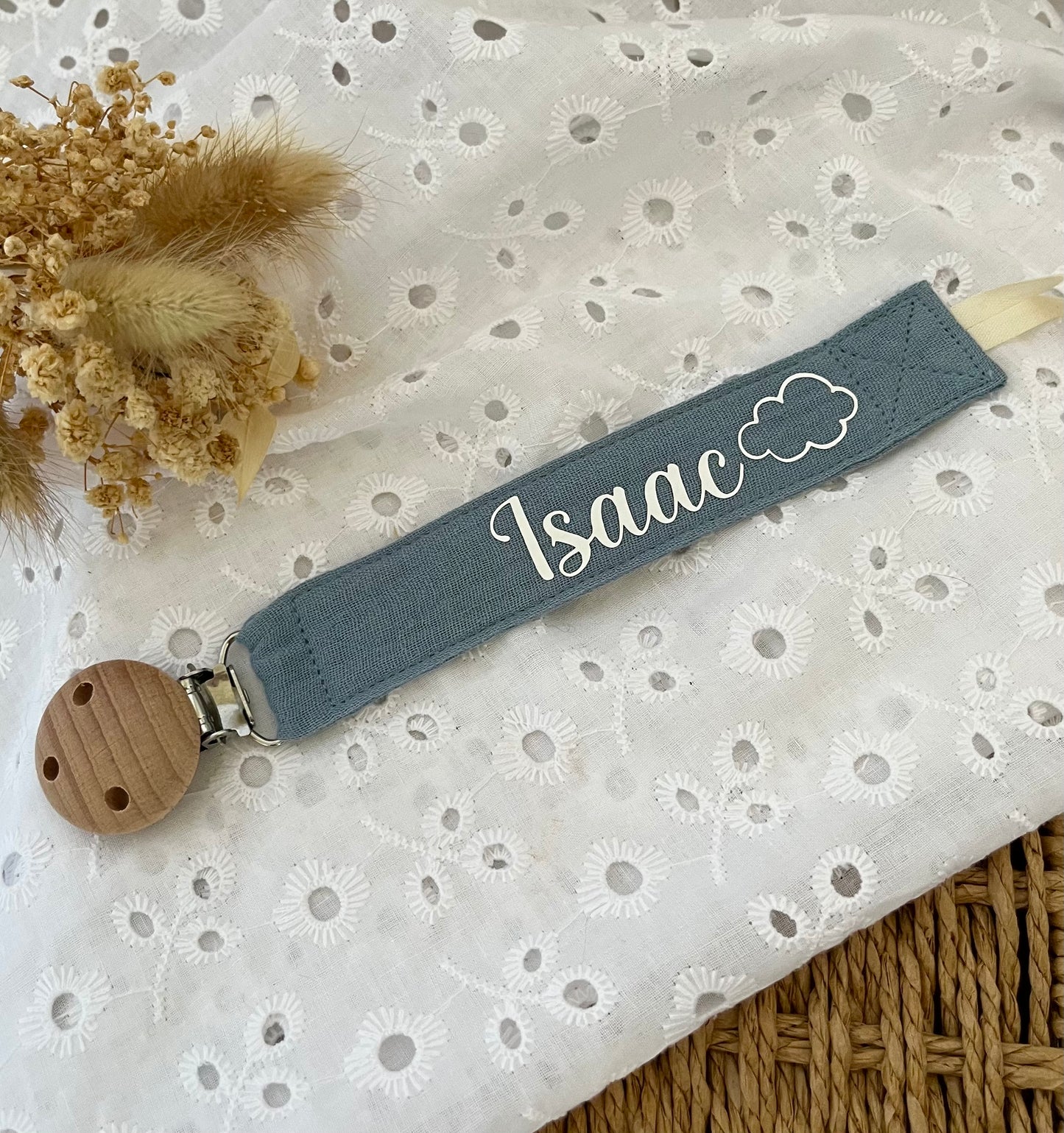 Attache tétine en gaze de coton Bleu