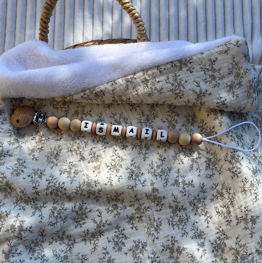 Attache tétine en bois et silicone beige