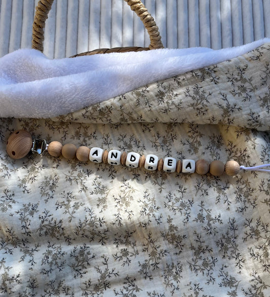 Attache tétine en bois et silicone taupe