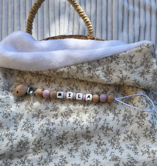 Attache tétine en bois et silicone mauve