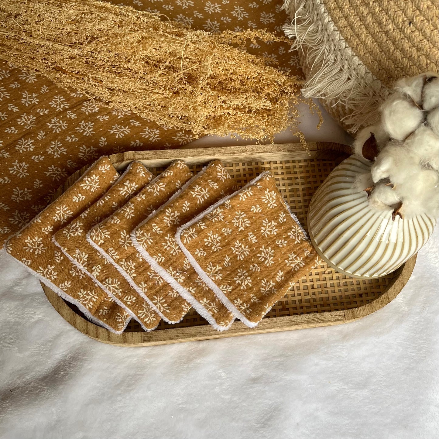 Lot de 5 Cotons lavables Feuillage Camel