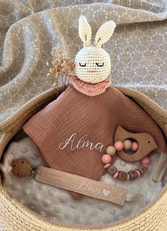 Doudou lapin personnalisé en gaze de coton