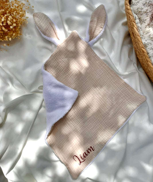 Doudou lapin personnalisé en gaze de coton Beige