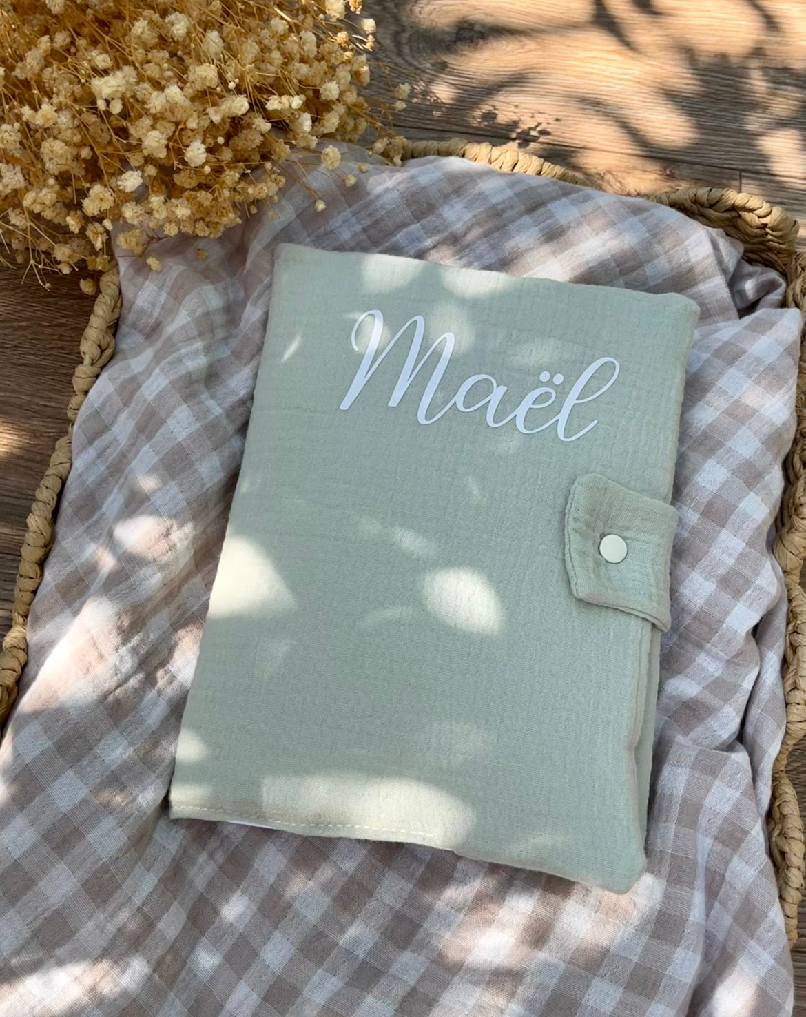 Protège carnet de santé gaze de coton Vert Sauge