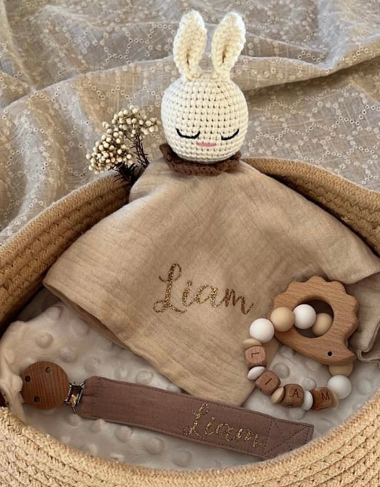 Doudou lapin personnalisé en gaze de coton